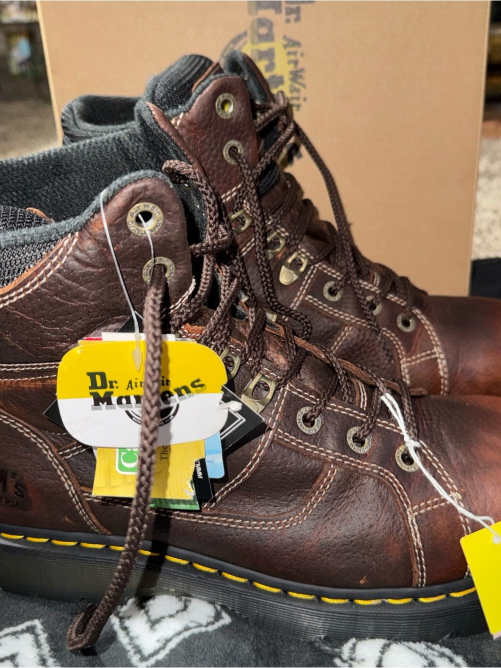 Dr. Martens Men’s Dark Brown Leather Lace-Up Work Boots with Yellow Stitching